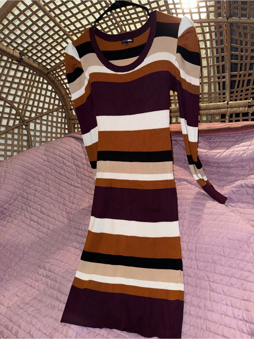 Fashion Nova Burgundy, Tan, White & Black Striped Rib-Knit Long Sleeve Dress